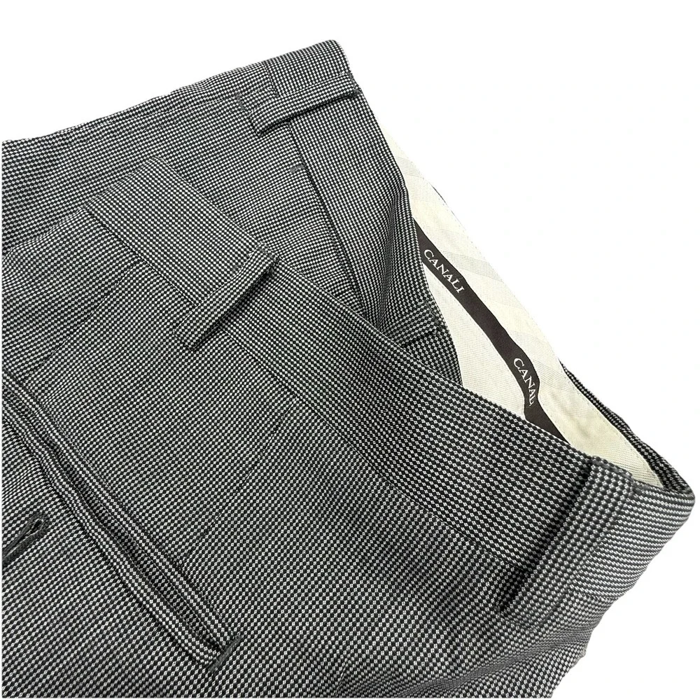 Canali Men's 100% Wool Pleaded Dress Pants Black white Birdseye 38x30